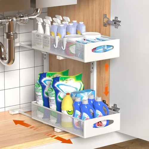 Housolution Spülschrank Organizer Ausziehbar - 2 Etagen für mehr Stauraum - Organizer zum Herausziehen für Zuhause, mit 2 ausziehbaren Ebenen und höhenverstellbar für optimale Raumnutzung und Ordnung unter dem Waschbecken.