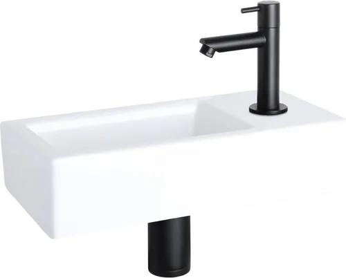 Differnz Helios Waschbecken – Aufsatzwaschbecken 37,5x18,5x9,5 cm – Waschbecken Bad mit Wasserhahn Rechts – Schwarze Armatur Matt – Standardgriff für Gäste WC