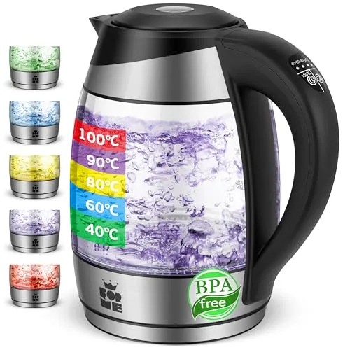 FOR ME Glas Elektrischer Wasserkocher mit Teesieb 1,8L, Temperatureinstellung, Temperaturwahl 40°C bis 100°C, 5 Farben LED-Beleuchtung, Warmhaltefunktion, BPA Frei