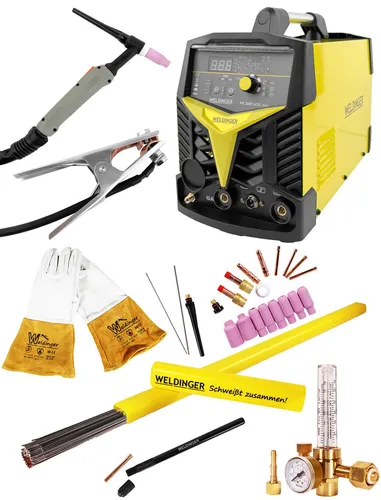 WIG-Schweißgerät WE 200P AC/DC eco - WELDINGER mit Starterset - WIG/TIG-Schweißgerät für Aluminium, kompaktes Design und leicht mit nur 9,5 kg, ideal für präzise Schweißarbeiten.