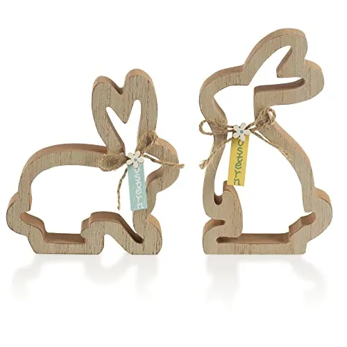 com-four® 2X Deko-Aufsteller für Ostern - dekorative Osterhasen aus Holz mit Schleife - Holzdekoration zum Hinstellen (2 Stück - Hasen hohl)