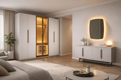 Luxuriöses Schlafzimmer-Set in Beige mit großem Kleiderschrank