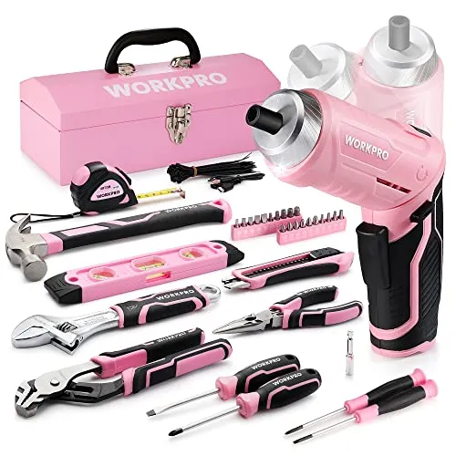 WORKPRO 73-tlg. Werkzeug Set Rosa mit Akkuschrauber - Werkzeug-Sets für Heimwerker, inklusive 3,6V Akkuschrauber und 73 Teile, ideal für DIY-Projekte und als Geschenk für Frauen und Kinder.