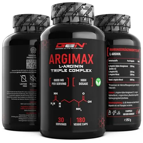 ARGIMAX - L-Arginin Triple Komplex - 6600 mg je Tagesportion - Premium: Komplex aus AAKG, L-Arginin HCL & Arginin Nitrat - 180 Kapseln - Hochdosiert - Vegan