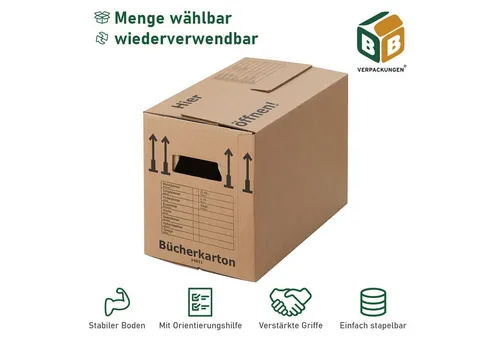 Bücherkarton Compact 40 kg Traglast – Stabiler Umzugskarton für Bücher - Robuster Umzugskarton mit bis zu 40 kg Traglast. Aus reißfester, recycelter Pappe, einfach aufzubauen und stapelbar. Ideal für den sicheren Transport und die Lagerung Ihrer Bücher.