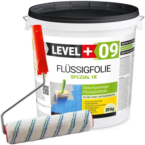 Dichtfolie Flüssigfolie 20kg - Wassersperre für Dusche, Bad und Balkon - Dichtmaterialien mit wasserabweichender und schimmelresistenter Flüssigfolie, ideal für Badezimmer und Balkone. Inklusive Farbroller für einfache Anwendung.