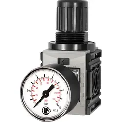 Druckregler FUTURA-mini mit Standardmanometer - Druckluftzubehör mit Regelbereich von 0,5-10 bar, ideal für präzise Drucksteuerung und hohe Durchflusswerte. Arretierbarer Regelknopf für einfache Handhabung.