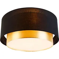 QAZQA Drum Duo Deckenleuchte schwarz-gold, 3-flammig, 50 cm - Stilvolle Deckenlampe mit doppeltem Schirm für ein elegantes Ambiente. Ideal für Wohnzimmer oder Schlafzimmer, dimmbar mit externem Dimmer. Hochwertige Verarbeitung aus Stahl und Stoff.