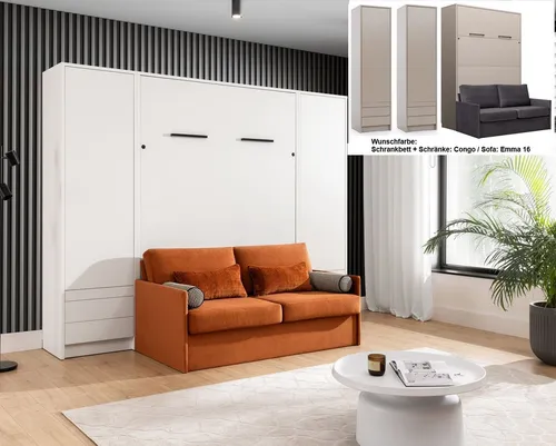 QMM TraumMöbel Schrankbett Wandbett GN 140x200 congo mit LED, 2 Schränken und Sofa (Set, 4-St., Schrankbett vertikal 140x200 mit Sofa und 2 Schränken) vertikal klappbar, mit LED-Beleuchtung mit Fernbedienung
