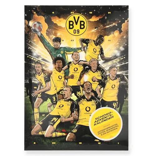 BVB Comic Adventskalender - Fan-Shop mit lustigem Comic-Design, inklusive 6 Autogrammkarten und 24 leckeren Schokotäfelchen für echte BVB-Fans.
