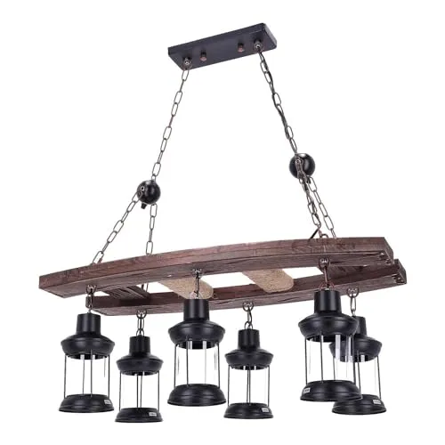 TIBU Hängelampe aus Holz Vintage Lampe Esstisch Wohnzimmer E27 höhenverstellbar 6 flammig Leiter