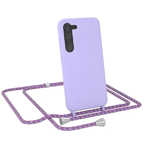 EAZY CASE - Handytasche zum Umhängen - kompatibel mit Samsung Galaxy S23 Handy Schutzhülle mit Band, Necklace Hülle, farbig TPU Case, Lavendel Lila mit Schnur Unicorn Clips Silber