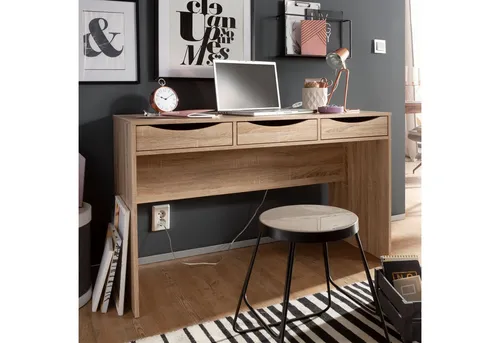 FineBuy Schreibtisch MASSA 120 cm - Moderner Jugendschreibtisch - Kinderschreibtische mit 3 Schüben, aus hochwertigem Sonoma Eichenholz, ideal für kreative Lernumgebungen.