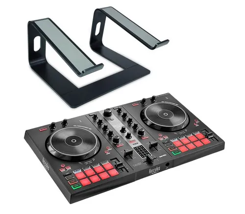 HERCULES DJ Controller Inpulse 300 MK2 mit Laptopständer – Komplett-Set für Einsteiger - USB DJ Controller mit 2 Decks, 16 Pads und integrierter Soundkarte. Ideal für Einsteiger, inklusive DJ-Software und Tutorials. Der stabile Laptopständer sorgt für eine komfortable Nutzung.