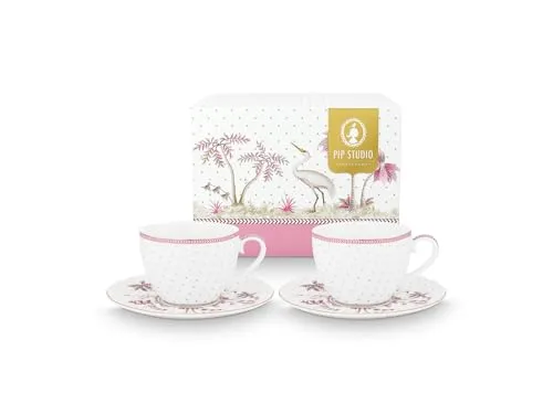 Pip Studio Jolie Dots Gold Pink Tasse mit Untertasse Set - Tassen- & Untertassensets aus hochwertigem Porzellan mit goldenen Details, ideal für Kaffee oder Tee. Perfekt für den täglichen Gebrauch oder festliche Anlässe, harmoniert mit der Jolie-Kollektion.