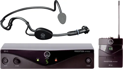 AKG PW45 Sport Set ISM - UHF Wireless System - Mikrofone mit Taschensender und C 544 L Headsetmikrofon, ideal für Sport und aktive Anwendungen, mit 4 Frequenzen und knackfreiem Schalter für störungsfreien Betrieb.