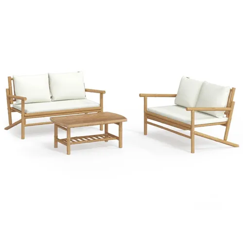 vidaXL 3-tlg. Garten-Lounge-Set mit Kissen - Creme & Bambus - Gartenmöbel-Set aus robustem Bambus für höchste Bequemlichkeit. Ideal für entspannte Momente im Freien mit weichen Kissen und praktischem Tisch.