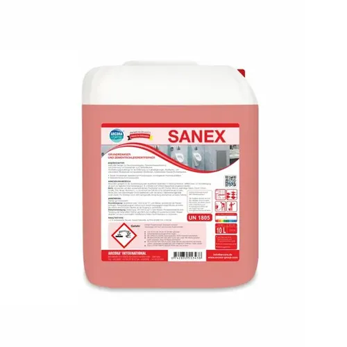 SANEX Grundreiniger & Zementschleierentferner 01003 - 10 Liter Kanister - Hochleistungs-Reinigungsmittel zur effektiven Entfernung von Kalk, Rost und Urin auf säurefesten Oberflächen. Ideal für Grund- und Zwischenreinigung in Bädern mit harter Wasserhärte.