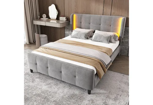 HAUSS SPOLE Polsterbett 140x200cm mit LED-Leisten und höhenverstellbarem Kopfteil, Grau