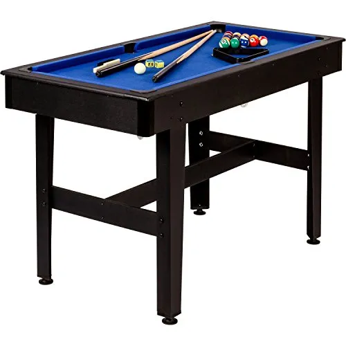GAMES PLANET 4 ft Billardtisch COMPACT + Zubehör, 3 Farbvarianten, 122x61x76 cm (LxBxH), Schadstoffgeprüft, schwarzes Holzdekor, Blaues Tuch
