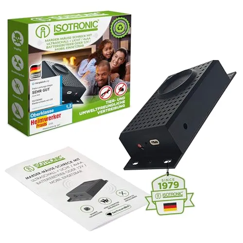 ISOTRONIC Marderschreck mit Blitzlicht & Ultraschall - Effektive Marderabwehr für Haus und Auto: Batteriebetrieb mit bis zu 40 m² Reichweite, kombiniert akustische Signale und Blitzlicht für nachhaltigen Schutz ohne Fallen.
