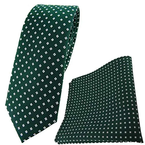 TigerTie - schmale Designer Seidenkrawatte + Seideneinstecktuch in grün dunkelgrün silberweiss gepunktet mit kleinen Vierecken