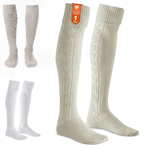 German Wear EXTRA Lange Trachtensocken Strümpfe Trachtenlederhose Socken aus Wolle Natur 75cm, Größe:43-46