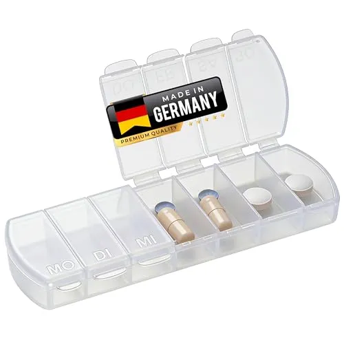 MAXBOX Pillendose für 7 Tage, Tablettendose, Pillenbox mit getrennten Fächern, Medikamentenbox (transparent)