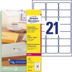 AVERY 525 Zweckform Folien-Adressetiketten L7560-25 transparent - Sonstige Etiketten, wasserabweisend und ideal für farbige Hintergründe – für ein professionelles Erscheinungsbild beim Versenden.