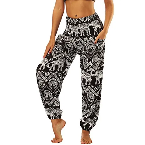 Nuofengkudu Frau Hippie Harems Hose Pumphose Haremshose Aladdinhosen Boho Gemustert Gesmockte Taille mit Taschen Yogahose Freizeithose Sommerhose Strandhose Schwarz Elefant