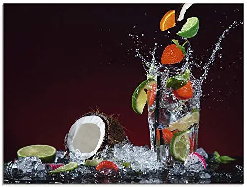 ARTland Wanddeko Glasbilder Wandbild Glas Bild einteilig 80x60 cm Querformat Früchte im Wasser Cocktails Frucht Bar Erdbeere Limette Kokosnuss Sommer S6AS