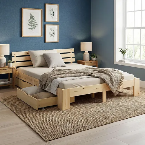 Homestyle4u Holzbett 140x200 mit 2 Schubladen und Matratze - Massivholzbett 140x200 cm mit stabiler Konstruktion und zwei praktischen Bettkästen. Ideal für Ordnung im Schlafzimmer und bietet eine natürliche, zeitlose Optik.