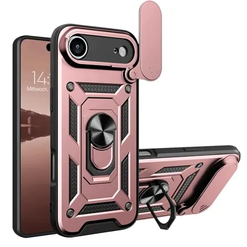 LBH Armor Hülle kompatibel mit Apple iPhone 17 Air Case mit Kameraschutz Outdoor Stoßfest Handyhülle 360 Grad Metal Ring Halter Ständer Schutzhülle für Handyhalterung Auto Magnet Rosegold