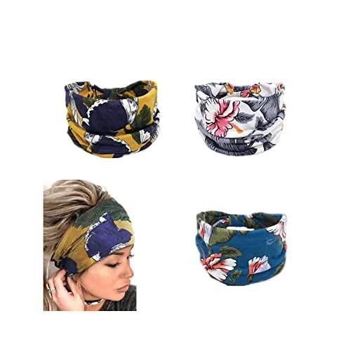 Yean Boho-Yoga-Stirnbänder, breit, elastisch, Blumenmuster, Turban, modisches Haarband für Frauen und Mädchen, 3 Stück (Blumendruck, gelb)