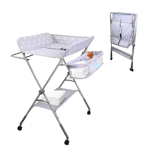 Mobiclinic®, Wickeltisch, Klappbar, Höhenverstellbar, Bis zu 15 Kg, 0–36 Monate, Windel-Organizer, 360°-Räder mit Bremse, Gurt und Sicherheitszaun, Waschbarer Bezug, Aufbewahrung, Zoey