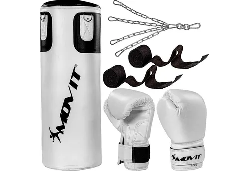 MOVIT Boxsack ® Boxsack-Set 25 kg - Komplettset für Erwachsene - Boxsäcke für Kampfsport, inklusive gefülltem Boxsack, Boxhandschuhen und Bandagen. Perfekt für effektives Training zu Hause in Schwarz oder Weiß.