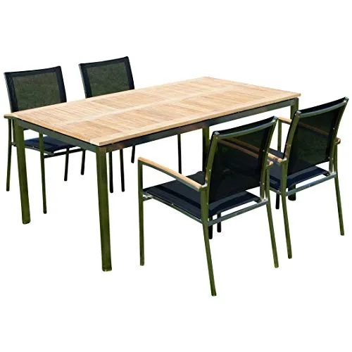 ALEOS. Gartengarnitur Edelstahl Batyline A-Grade Teak 5-teilig Tisch 160×90 cm + 4 Sessel Serie Kuba - Outdoor Essgruppe, Gartenmöbel Set wetterfest, Terrassenstuhl modern Schwarz/Teak Gastroqualität