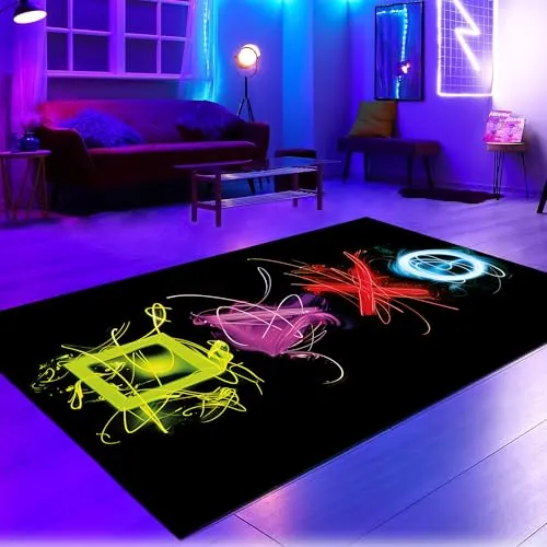 CARPETIA Gamer Teppich Gaming Zimmer Läufer Jungs lebendige Neon-Farben ikonische Symbole schwarzer Hintergrund 80 x 150 cm