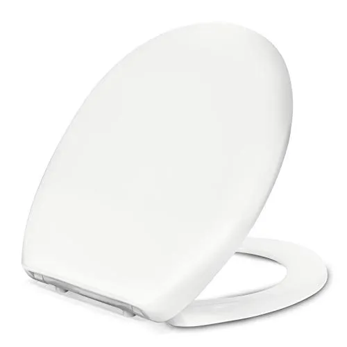WC-Sitz Oval mit Schnellentriegelungsfunktion und Softclose Absenkautomatik, Antibakterieller Duroplast-Deckel mit verstellbaren Scharnieren, O-Form Weiß