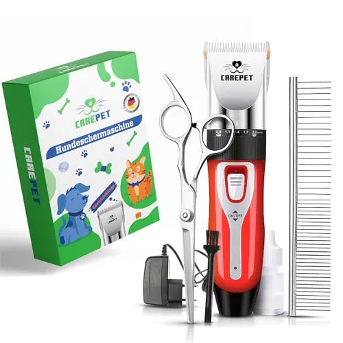 CarePet® Premium Hundeschermaschine - Profi Schermaschine für Hunde Katzen - Geräuscharm Leise Schnurlosen Haarschneidemaschine Tierhaarschneidemaschine Elektrische Hundetrimmer (Rot)