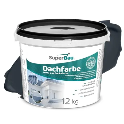 SuperBau Dachfarbe Anthrazit (12 kg) - Dachbeschichtung für Blechdach, Bitumen und Putz, bietet wasserfeste Schutz und überbrückt kleinere Kratzer für ein ansprechendes Erscheinungsbild.