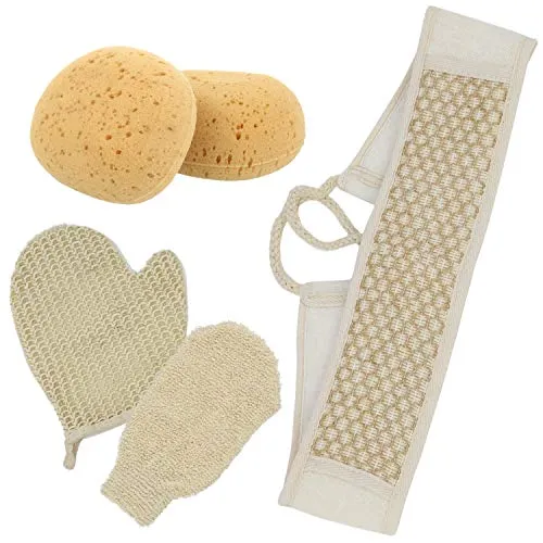 com-four® 05-teiliges Wellness-Set mit Massageschwämmen, Wellnesshandschuhen und Massage-Rückengurt (05-teilig - Wellness-Set)