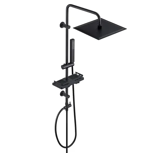 JOHO Regenduschset Edelstahl Duschsystem schwarz 25x25cm - Moderne Komplettdusche mit quadratischer Kopfbrause, korrosionsbeständig und wassersparend - ideal für ein luxuriöses Duscherlebnis im Badezimmer.