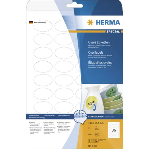 Herma 4380 oval Universal-Etiketten 4.06x2.54 cm (25 Blatt (900 Etiketten))