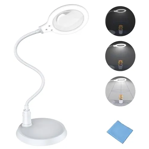 Delixike 5X Lupe mit Licht und Stände，5-fache Vergrößerungslampe,Lupe mit Licht handfrei, dimmbare Lampe mit LED, ideal zum Lesen, Hobby, Nähen, Basteln, weiß
