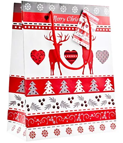 Bambelaa! 12 Stück Geschenktüten Weihnachten Geschenktaschen Klein Papiertüten Weihnachtstüten 128 g Papier Hirsch Rot Weiß Matt (Ca. 18x8x23 cm)