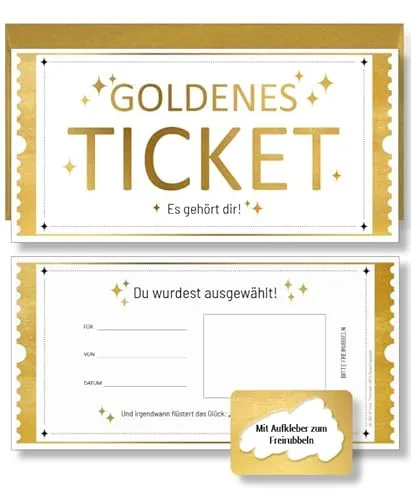 Frank Paperman® | 1x Set Goldenes Ticket Gutschein mit Umschlag & Rubbelaufkleber | personalisierte Geschenke | Rubbelkarten zum selber beschriften | Gutschein zum selber ausfüllen mit Rubbelaufkleber