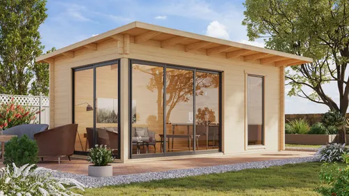 Fjordholz Gartenhaus Modell Starla 44 F - Stilvolles Gartenhaus Modell Starla 44 F mit robusten 44mm Wandbohlen aus nordischer Fichte. Ideal für Gartenliebhaber, bietet es eine stabile Dachkonstruktion und eine hochwertige Alu-Schiebetür für optimalen Zugang.
