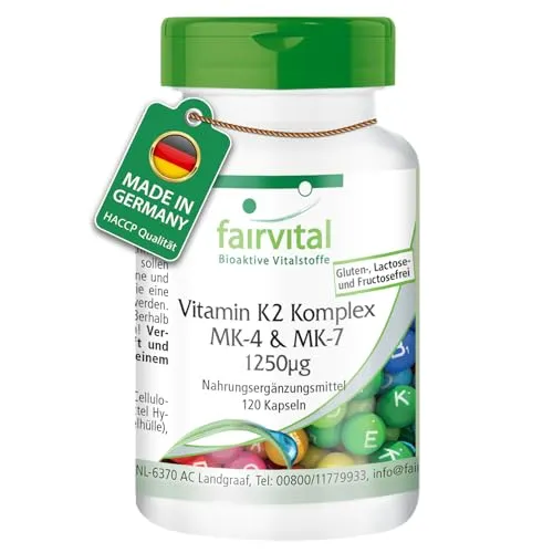 Fairvital | Vitamin K2 Komplex MK-4 & MK-7-1250mcg K2 pro Kapsel - 120 Kapseln - HOCHDOSIERT - VEGAN - MK-7