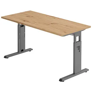 Hammerbacher Schreibtisch O-Serie - Höhenverstellbar in Asteiche/Graphit - Kinderschreibtisch mit manueller Höhenverstellung für ergonomisches Arbeiten, ideal für wachsende Kinder und platzsparend im Mini Office.